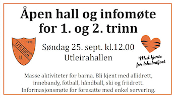Velkommen til åpen hall og infomøte for 1. og 2. trinn søndag 25. sept kl. 12.00